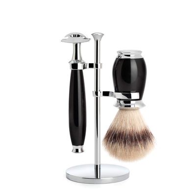 MHLE PURIST Black 3-piece Silvertip Fibre Safety Razor Shaving Set
