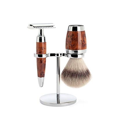 MHLE STYLO Thuja wood 3-piece Silvertip Fibre Safety Razor Shaving Set