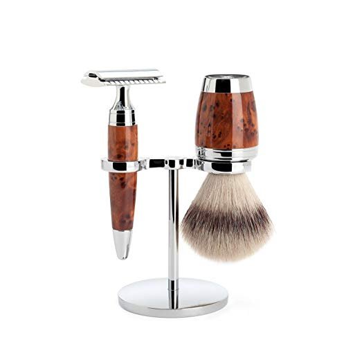MHLE STYLO Thuja wood 3-piece Silvertip Fibre Safety Razor Shaving Set