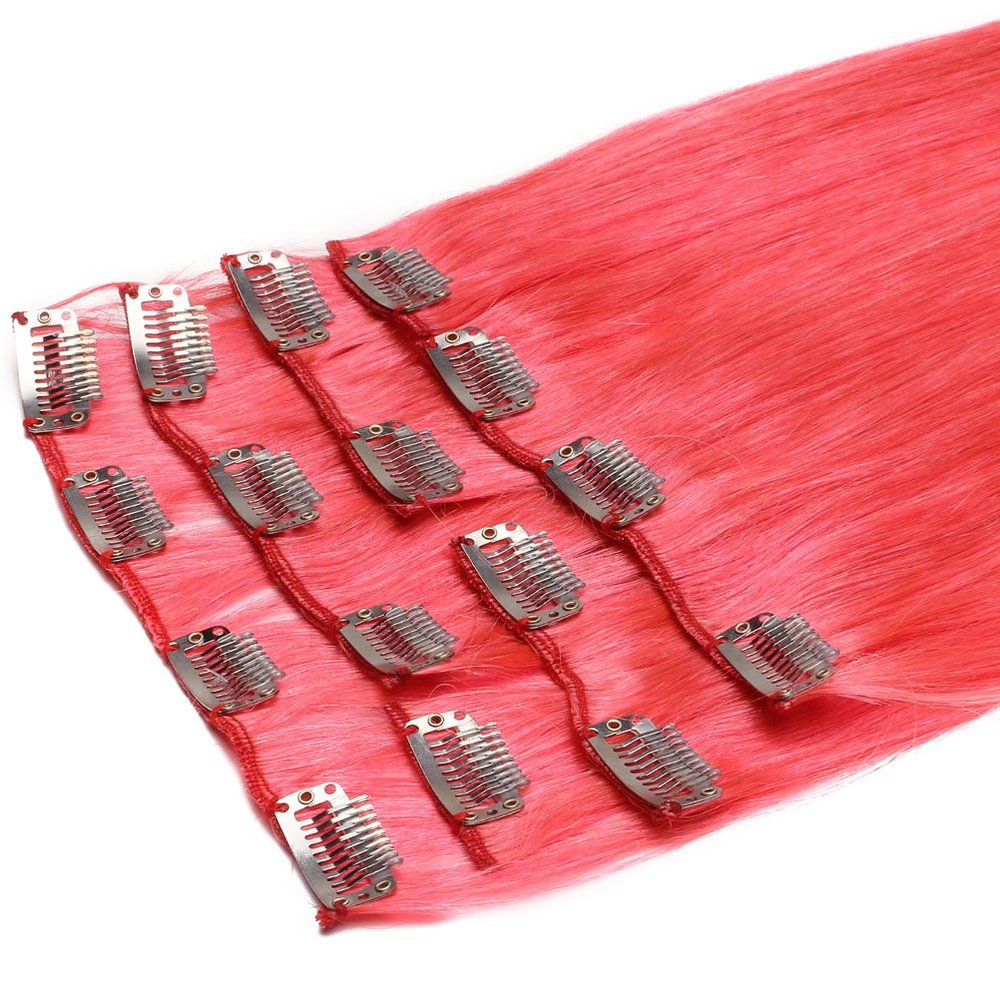 Yotty Remy Human Hair Extensions Premium Clip in Top Grade Hair for Full Head 20inch (Hot Pink)