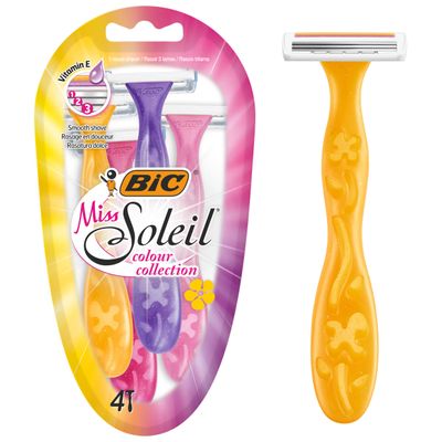 BIC Miss Soleil Colour Collection Lady Razors, Triple-Blade Razors, Vitamin E Enriched Lubricating Strip - Pack of 4