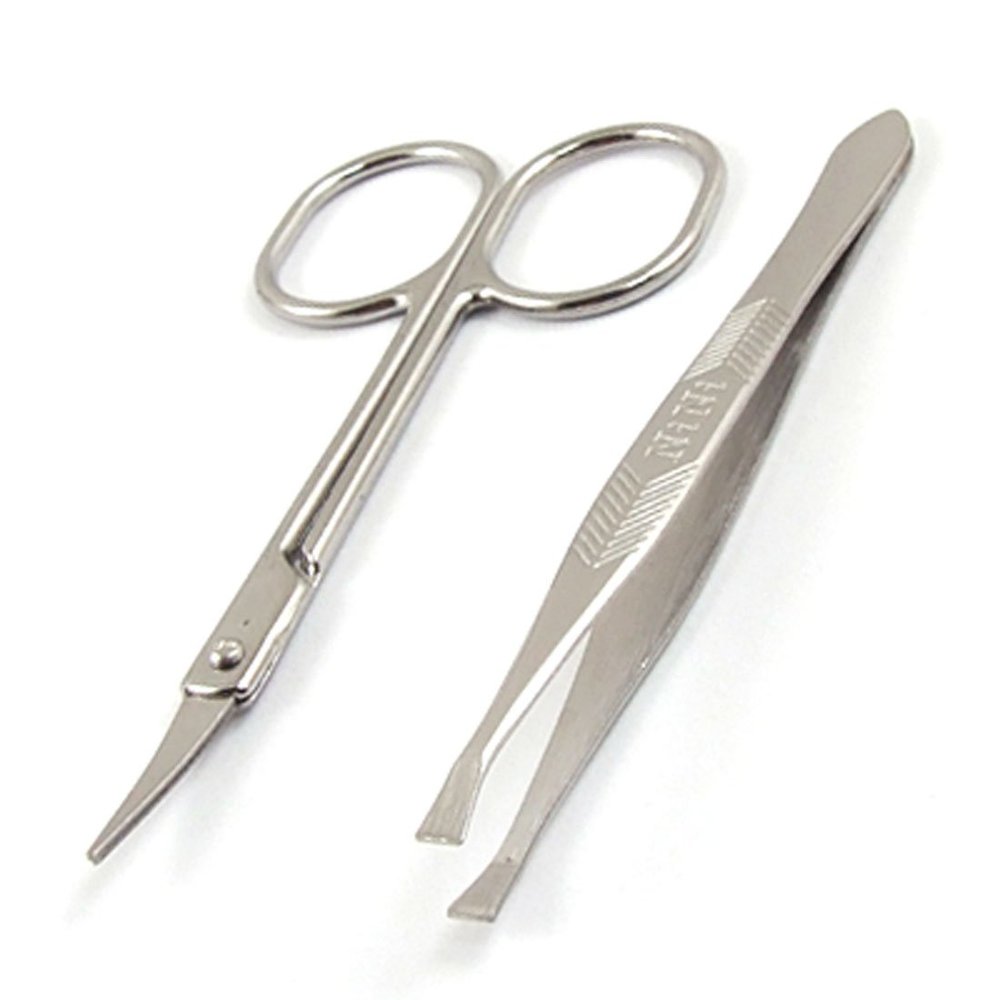 uxcell Women Flat Edge Tweezers Metal Scissors Eyebrow Trimmer Beauty Tool