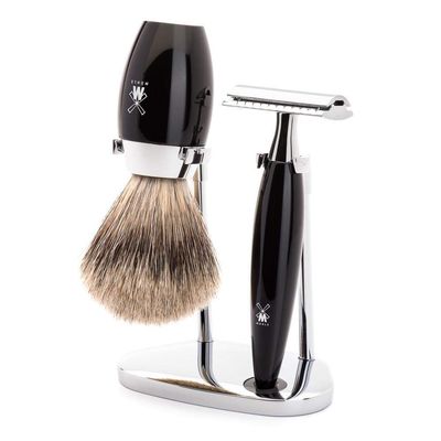 MHLE KOSMO Black 3-piece Fine Badger Safety Razor Shaving Set