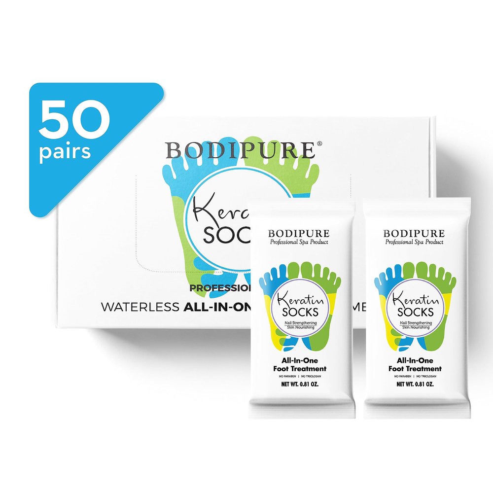 Bodipure All-In-1 Moisturizing Foot Mask | Keratin & Vitamin E Foot Mask for Dry Cracked Feet, Callus & Heel Softening | Easy-to-Use Pedicure Foot Repair | Chemical-free Feet Treatment | 50 Pairs