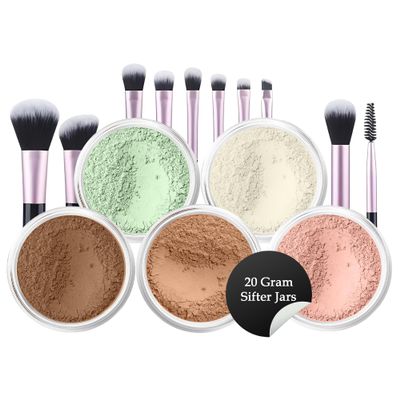 5pc KIT w/BRUSH SET (EBONY) Foundation Concealer Blush Corrector Bare Face Full Size Illuminating Powder