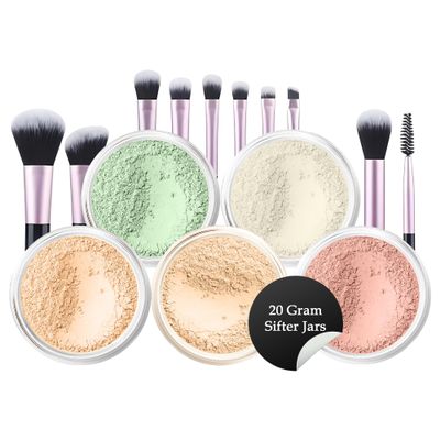 5pc KIT w/BRUSH SET (FAIR 1) Foundation Concealer Blush Corrector Bare Face Full Size Illuminating Powder