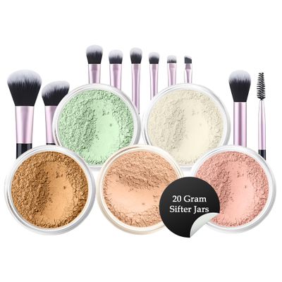 5pc KIT w/BRUSH SET (DEEP TAN) Foundation Concealer Blush Corrector Bare Face Full Size Illuminating Powder