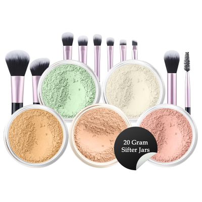 5pc KIT w/BRUSH SET (BEIGE) Foundation Concealer Blush Corrector Bare Face Full Size Illuminating Powder