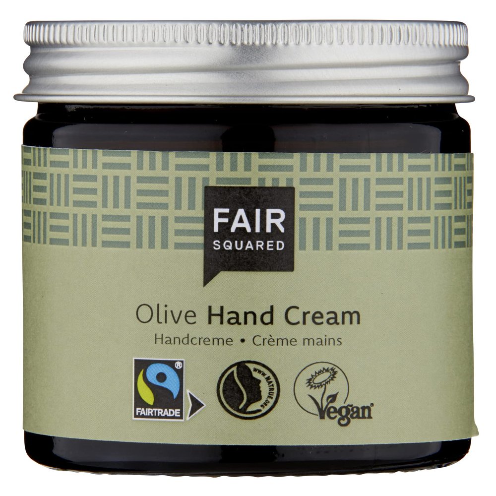 Fair Squared Hand Creme Olive 50 ml - Handpflege fr trockene Haut mit Fairtrade-Olivenl - vegane Naturkosmetik - Zero Waste im Mehrweg-Glastiegel