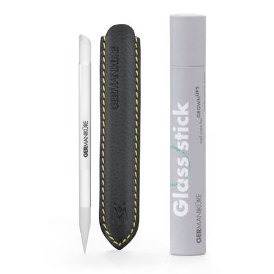 GERMANIKURE Clear Glass Cuticle Stick in Leather Sleeve - Ethically Made in Czech Republic - Cuticle Pusher & Remover, Callous & Dry Skin Fingertip File, Nail Shaper