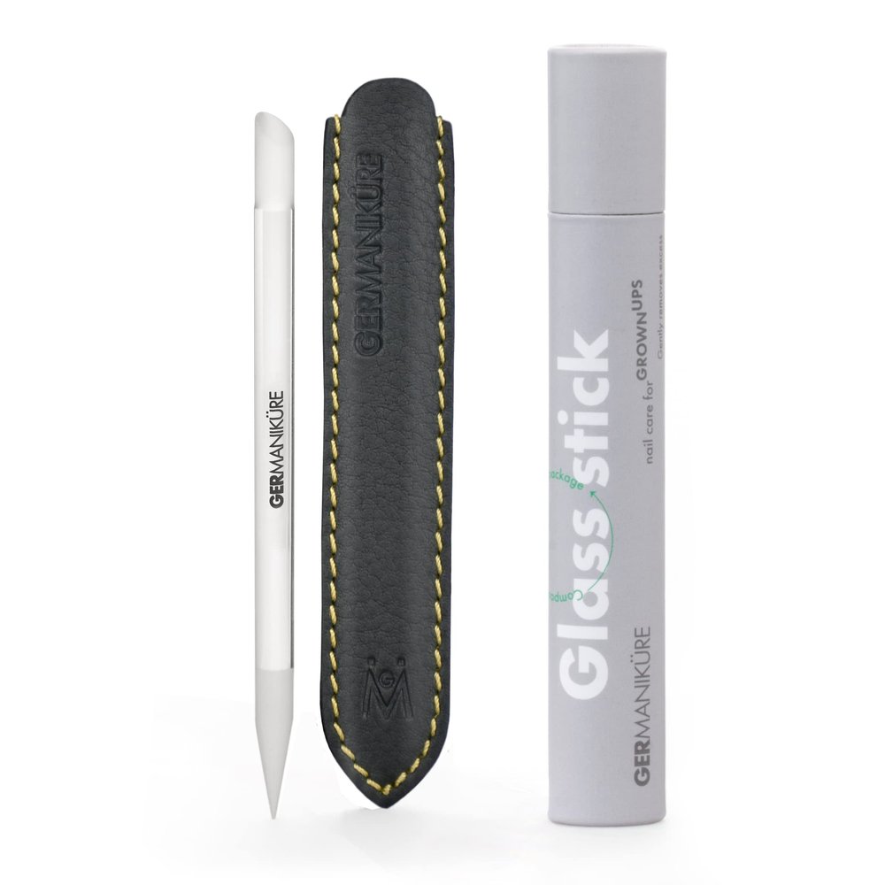 GERMANIKURE Clear Glass Cuticle Stick in Leather Sleeve - Ethically Made in Czech Republic - Cuticle Pusher & Remover, Callous & Dry Skin Fingertip File, Nail Shaper