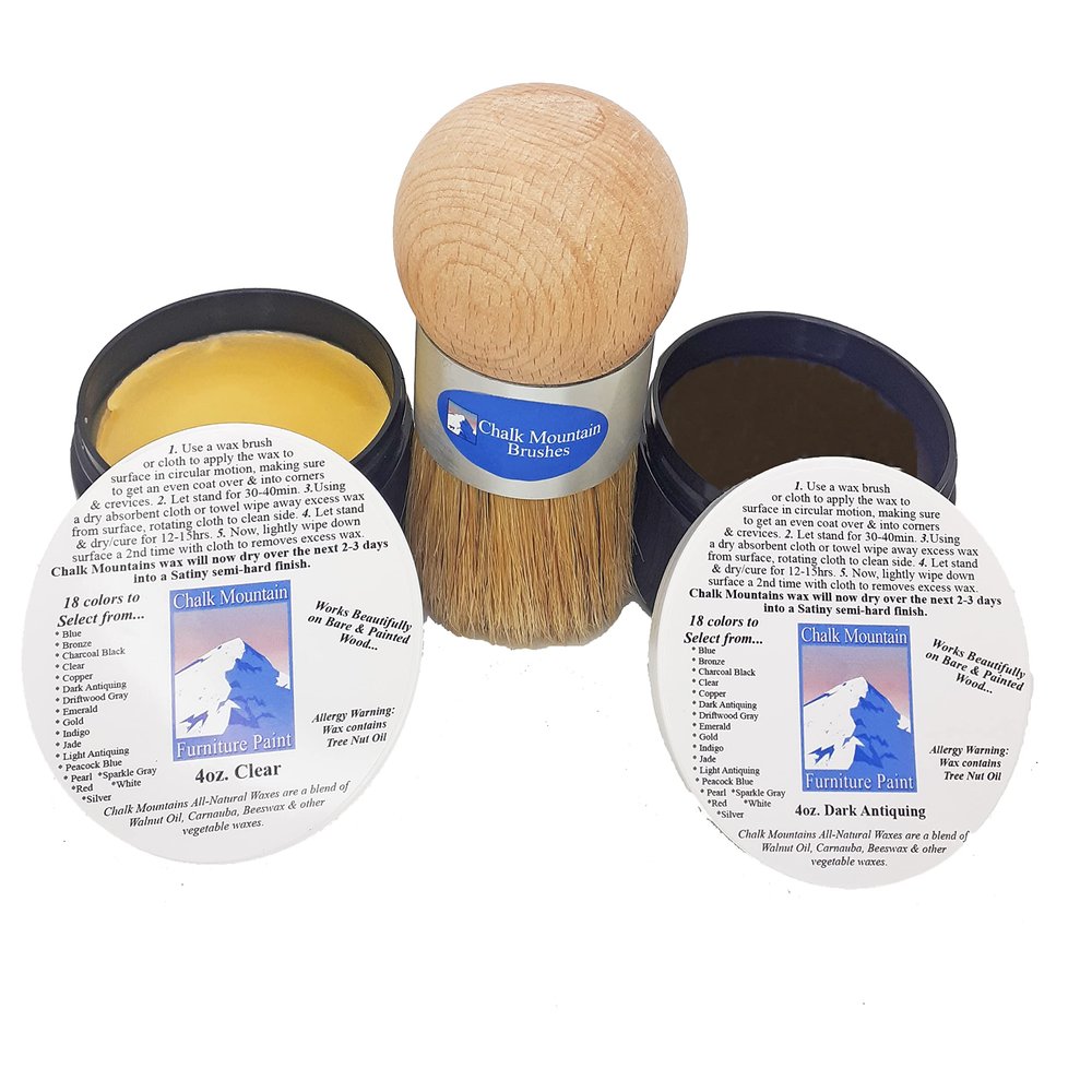 All Natural 4 oz Clear & 4oz Dark Antiquing Wax Finishing Kit with Original Design Palm Wax Brush 3 Pack