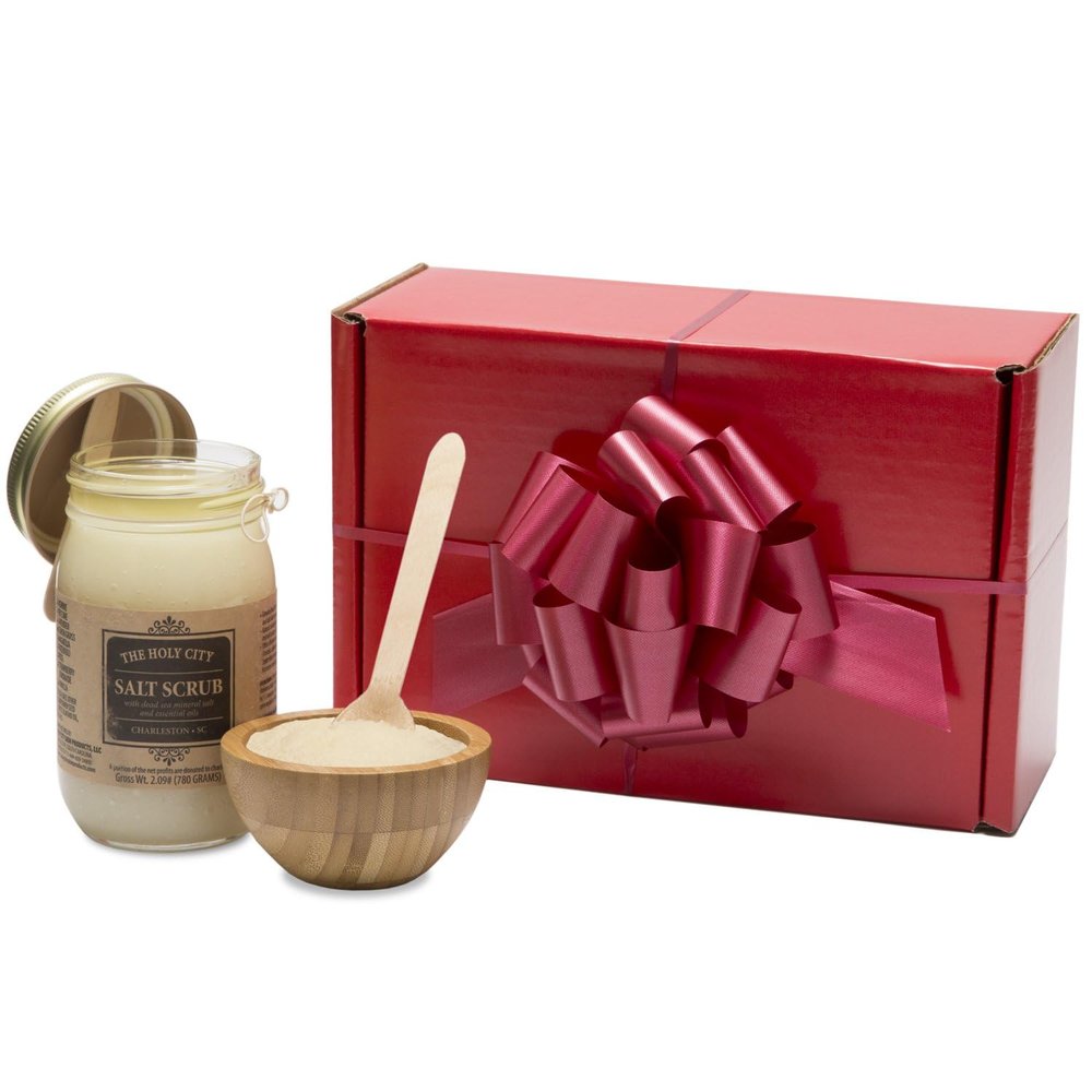 Holy City Skin Products Revitalizing and Moisturizing Dead Sea Salt Scrub Gift Box Set with Wooden Bowl, Chemical-free Coconut Hand and Body Scrub Exfoliator 16 fl oz