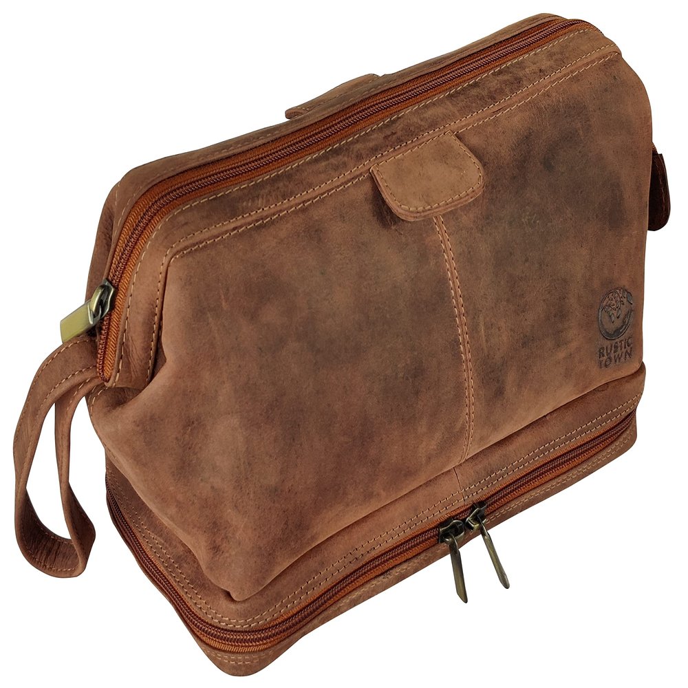 RUSTIC TOWN Leather Toiletry Bag for Men - Travel Gift Shaving Ditty Kit - Bathroom Shower Toiletries Organizer - Cosmetic Makeup Bag for Women