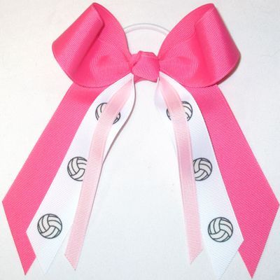 Sublimation Specialties Volleyball Hair Bow - Made in The USA, White Pony Band (Hot Pink/Light Pink)