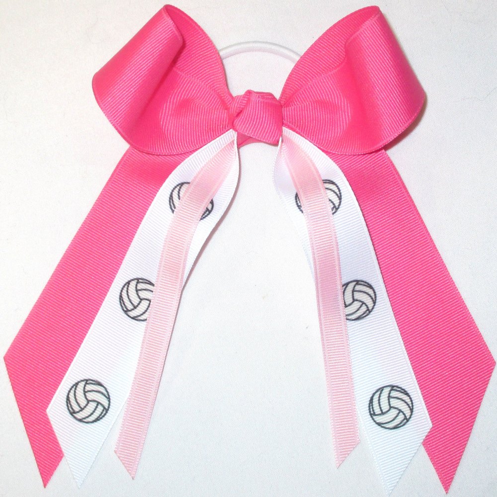 Sublimation Specialties Volleyball Hair Bow - Made in The USA, White Pony Band (Hot Pink/Light Pink)