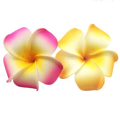 2 PCS Set of 7cm Hawaiian Frangipani Plumeria Foam Head Flower Beach Hair Clip (Yellow + Fuchsia)