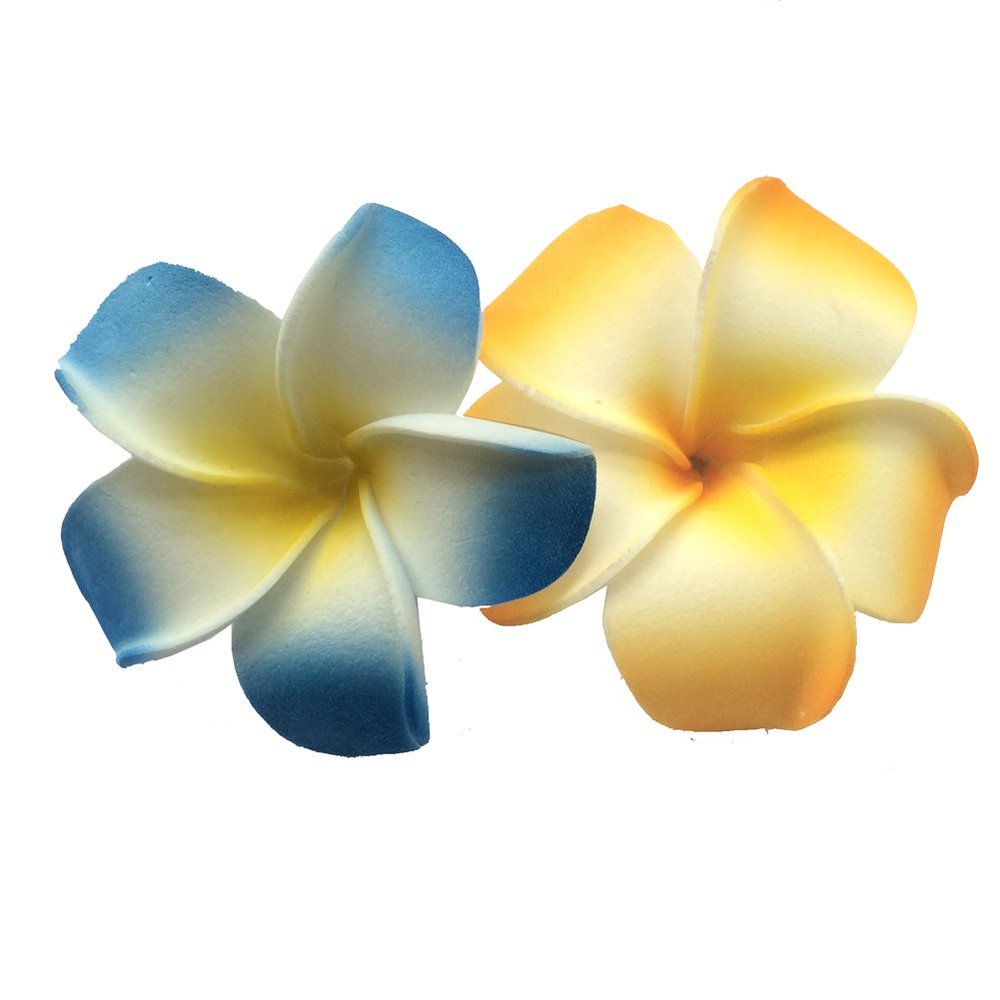 2 PCS Set of 7cm Hawaiian Frangipani Plumeria Foam Head Flower Beach Hair Clip (Yellow + Blue)