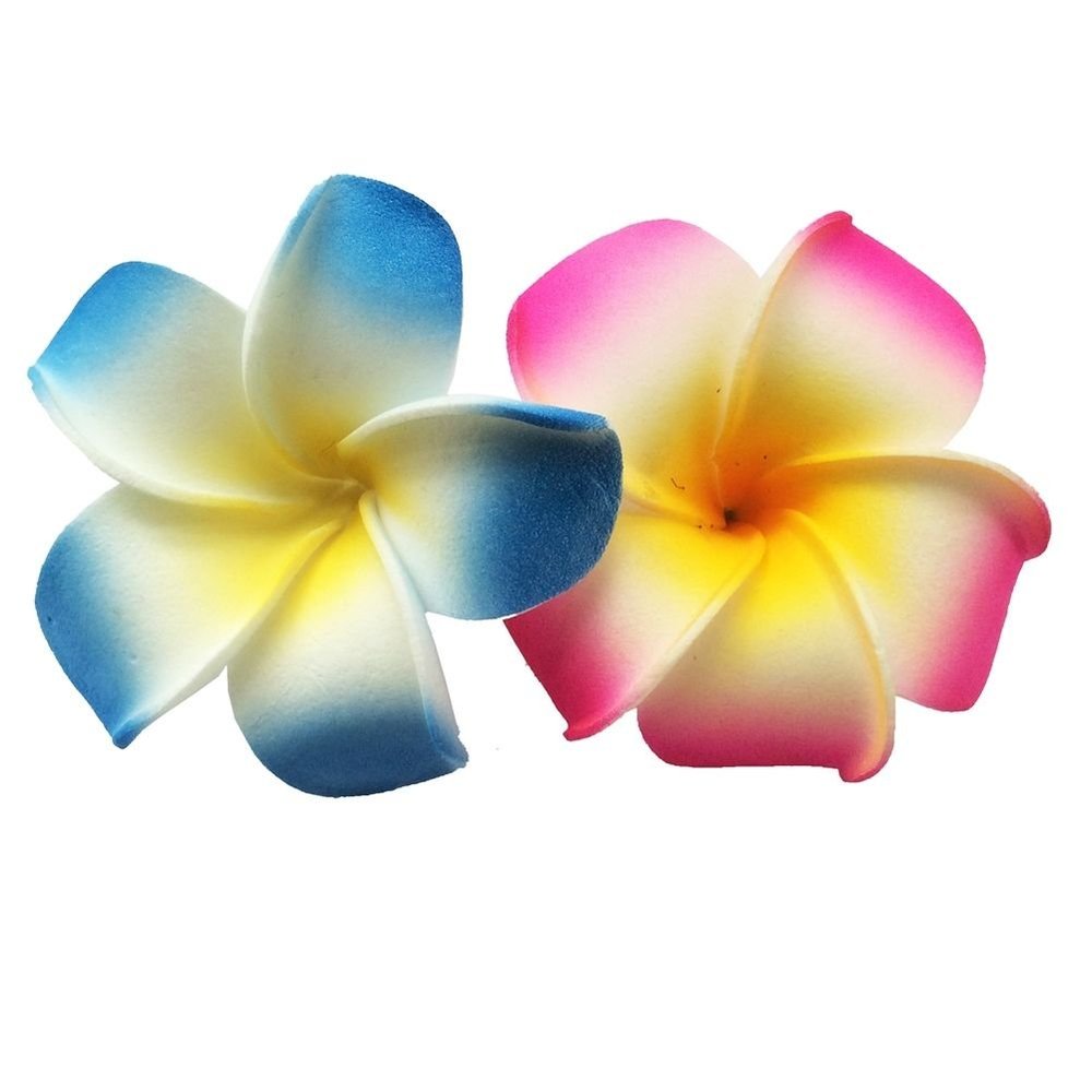 2 PCS Set of 7cm Hawaiian Frangipani Plumeria Foam Head Flower Beach Hair Clip (Fuchsia + Blue)
