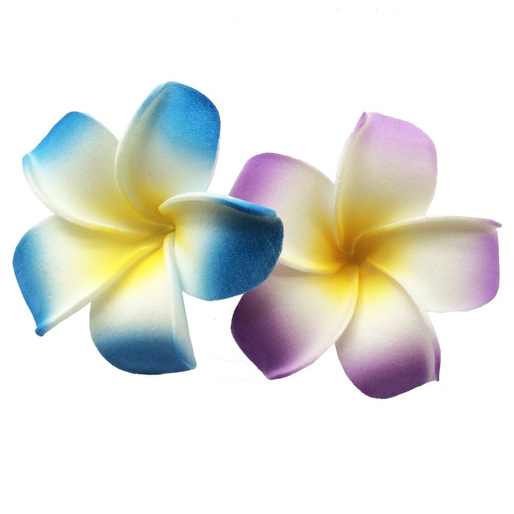 2 PCS Set of 7cm Hawaiian Frangipani Plumeria Foam Head Flower Beach Hair Clip (Blue + Violet)