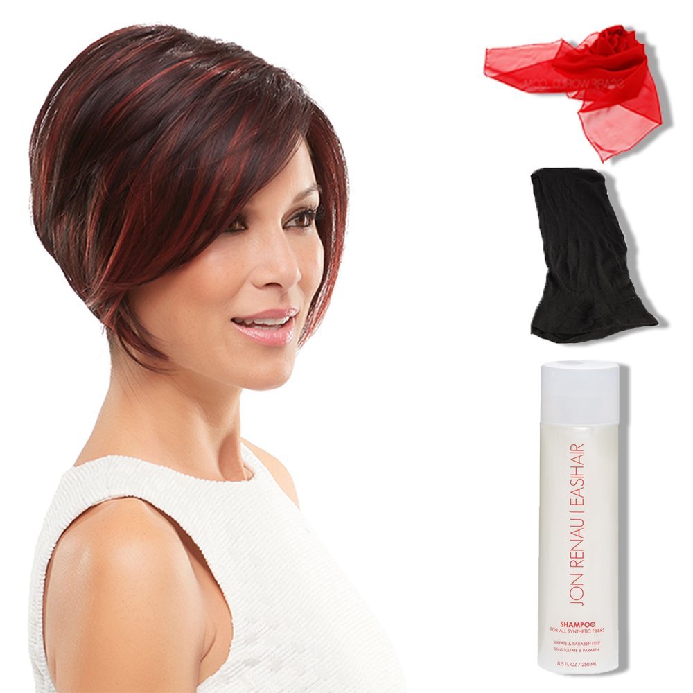 Ignite Wig Color 30A27S4 - Jon Renau Wigs Heat Resistant Women's Short Angled Cut Sleek Bob Lace Front SmartLace Natural Hairline Bundle with MaxWigs Hairloss Booklet