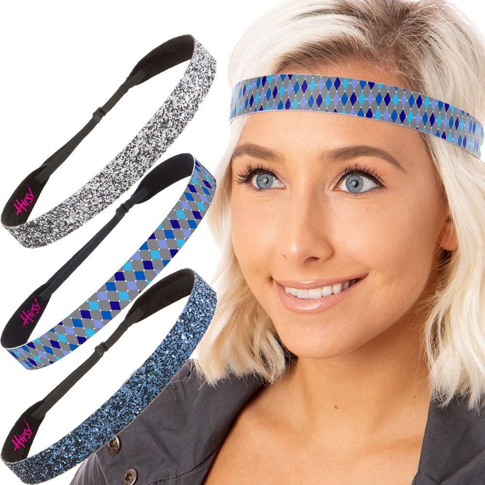Hipsy Women's Adjustable NO SLIP Harlequin Fashion Headbands (Navy/Blue/Gunmetal 3pk)