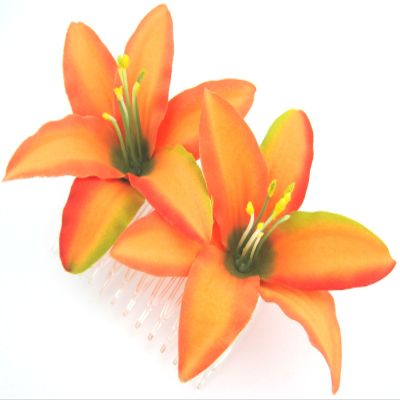 Double 3.5" Tropical Orange Lily Silk Flower Hair Comb