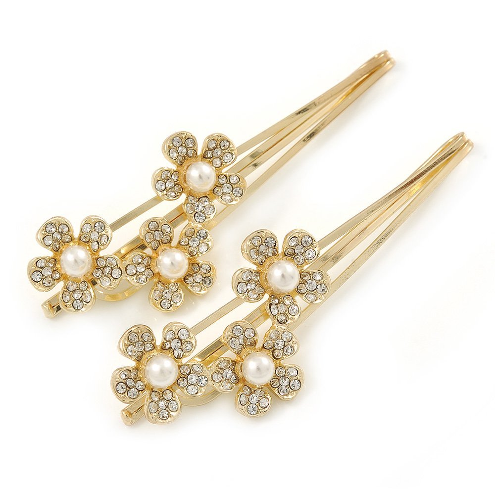 2 Bridal/Prom Clear Crystal, Pearl Flower Hair Grips/Slides In Gold Plating - 65mm Across