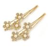 2 Bridal/Prom Clear Crystal, Pearl Flower Hair Grips/Slides In Gold Plating - 65mm Across view 1