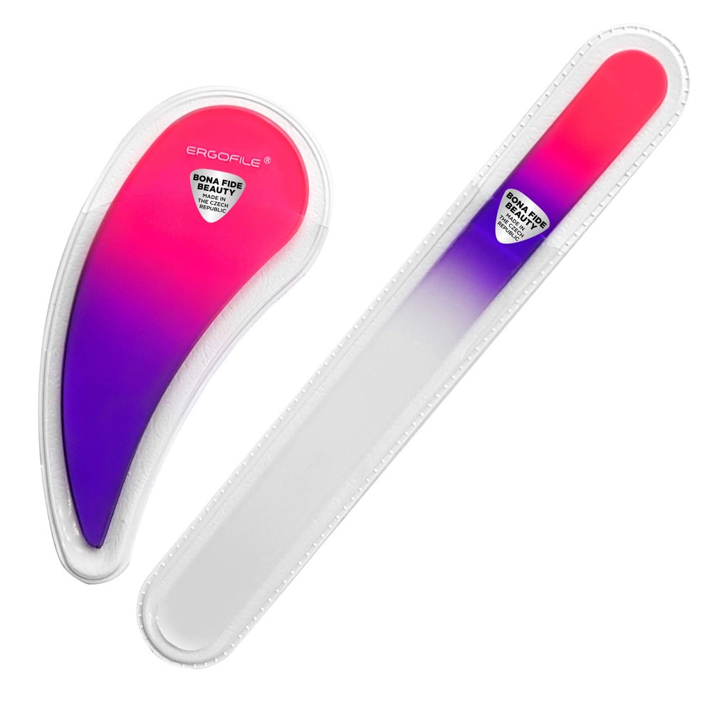 BONA Fide Beauty Glass Nail File Manicure Set, 2-Pieces Comfort Grip Ergonomic Drop Ergofile Czech Glass in Sleeves