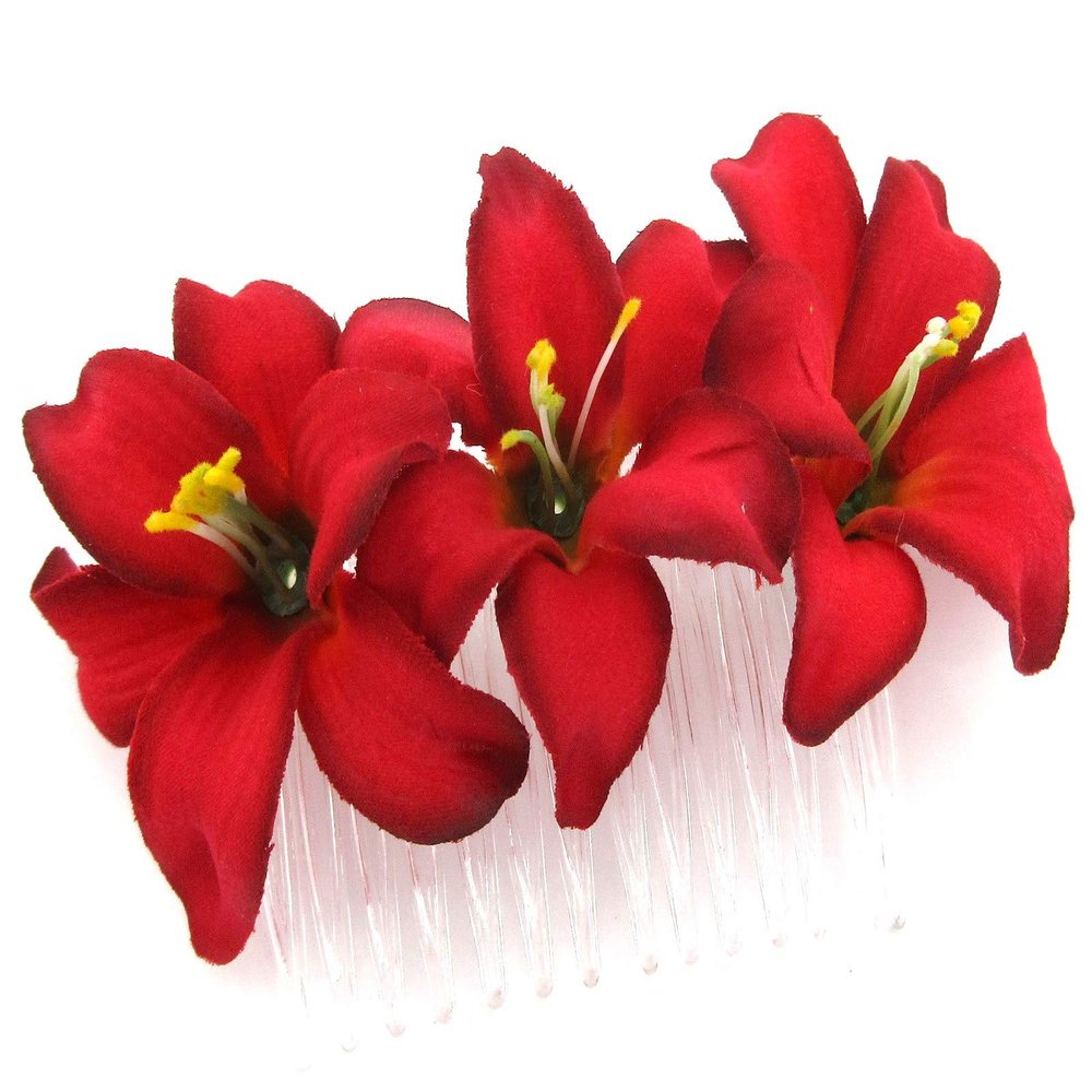 Triple 2" Red Lily Silk Flower Hair Comb