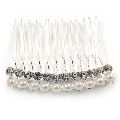 Avalaya Small Bridal/Wedding/Prom/Party Silver Tone Crystal Cream Faux Pearl Side Hair Comb - 50mm