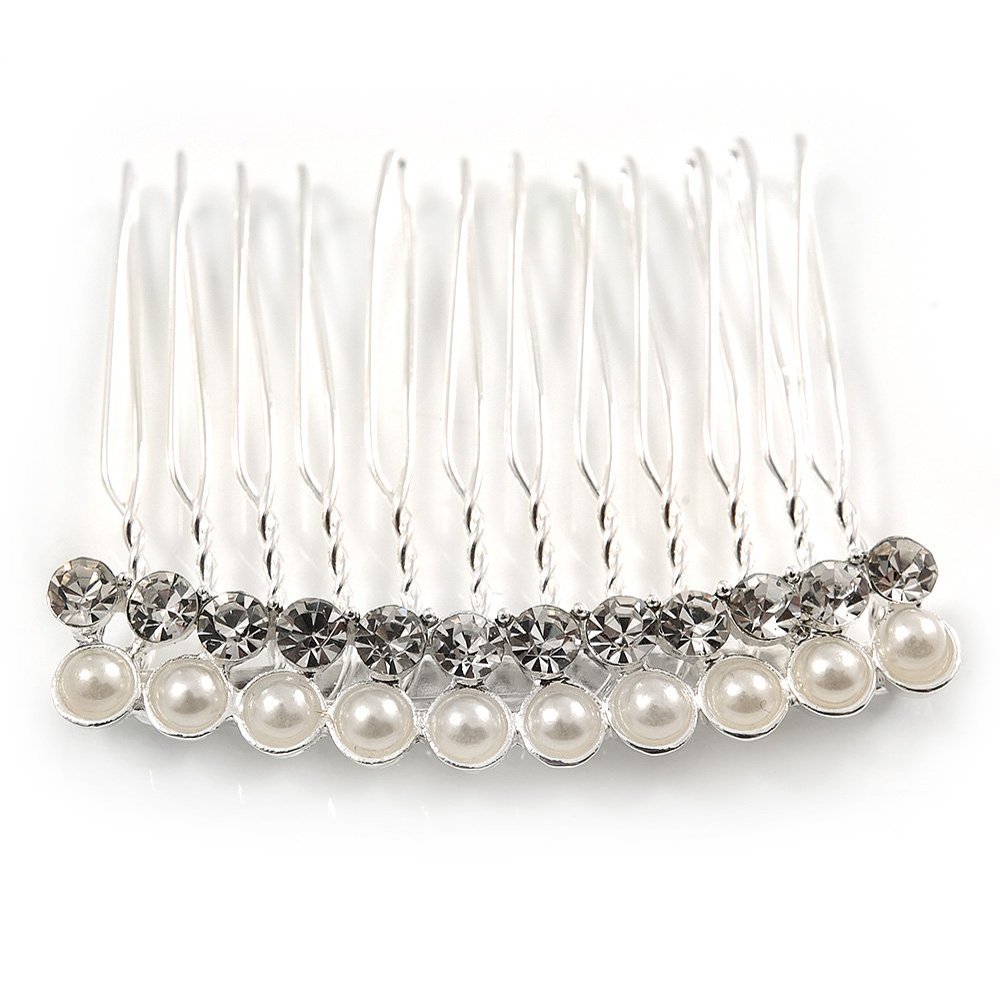 Avalaya Small Bridal/Wedding/Prom/Party Silver Tone Crystal Cream Faux Pearl Side Hair Comb - 50mm