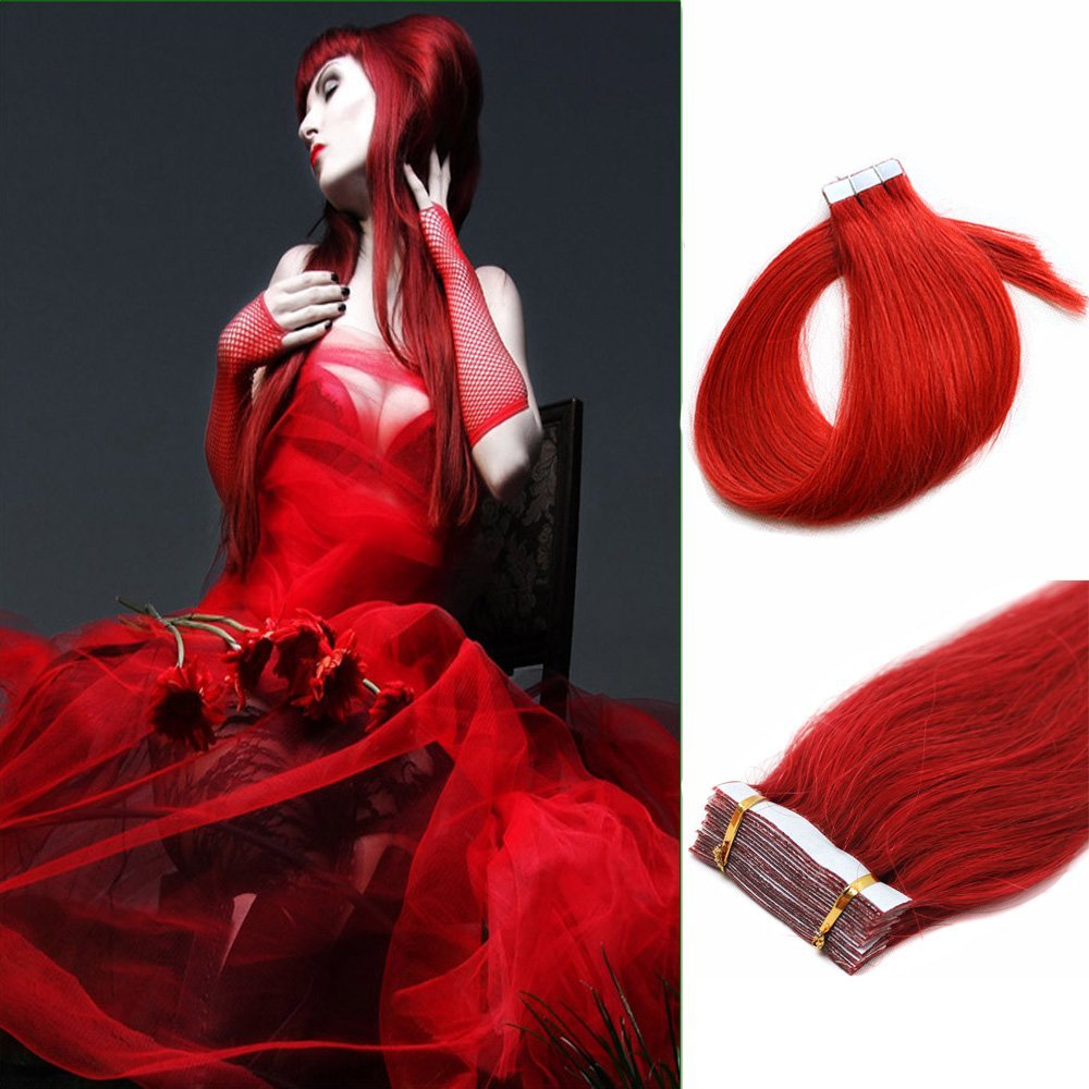 16-24Inch PU Tape in Remy Human Hair Extensions Straight Fashion 20pcs (24Inch 70grams, Red)