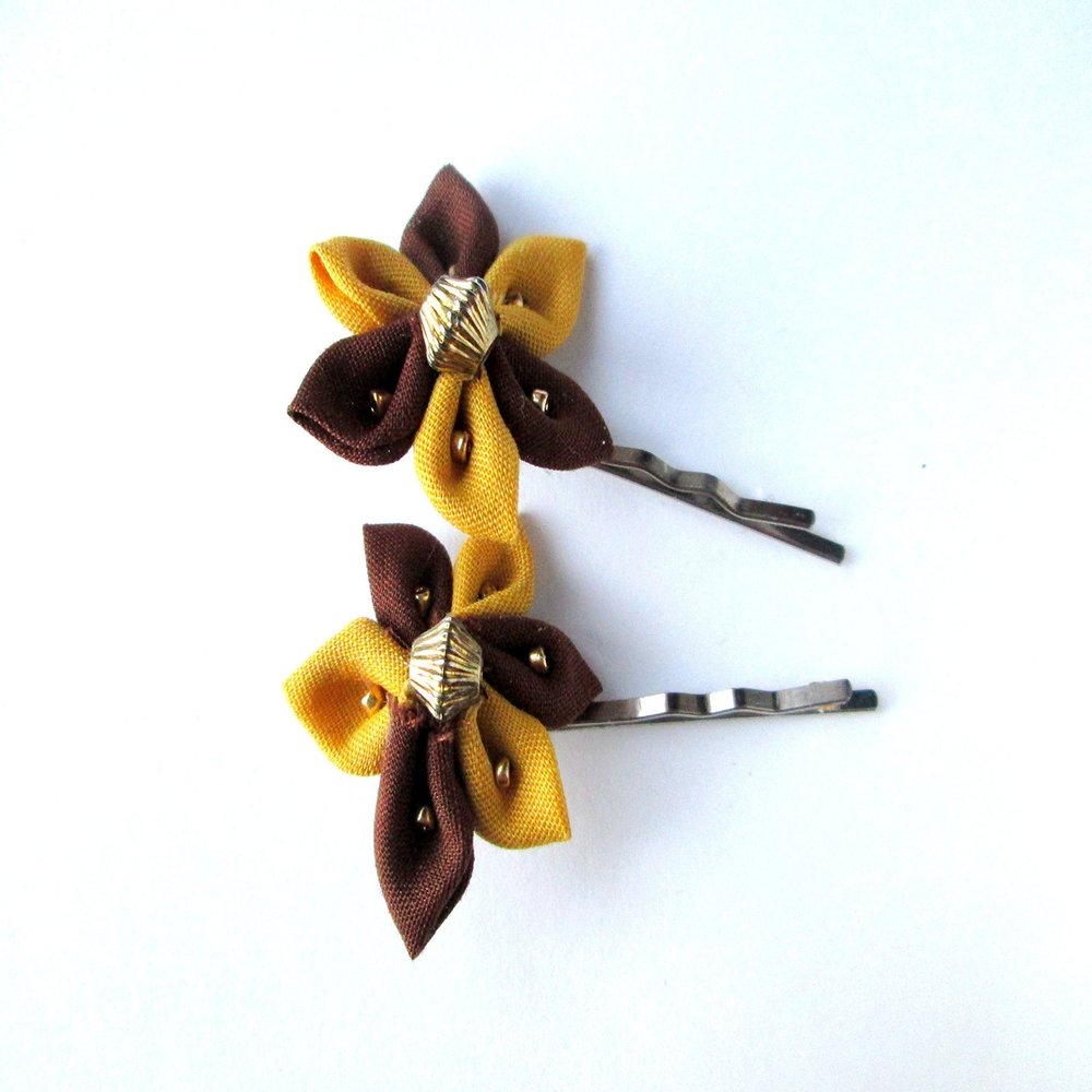 1" Sun Yellow and Coffee Brown Flower hair pins with simple silver beading (set of 2)