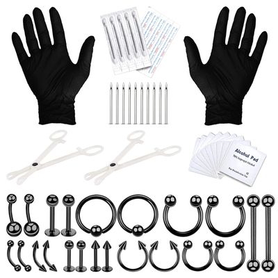 BodyJ4You 36PC PRO Body Piercing Kit - Nose Septum Ear Cartilage Lip Belly Navel Tragus Eyebrow - Black Steel 14G 16G BCR CBR Ring Barbell Spike - Tools Needles Gloves Clamps