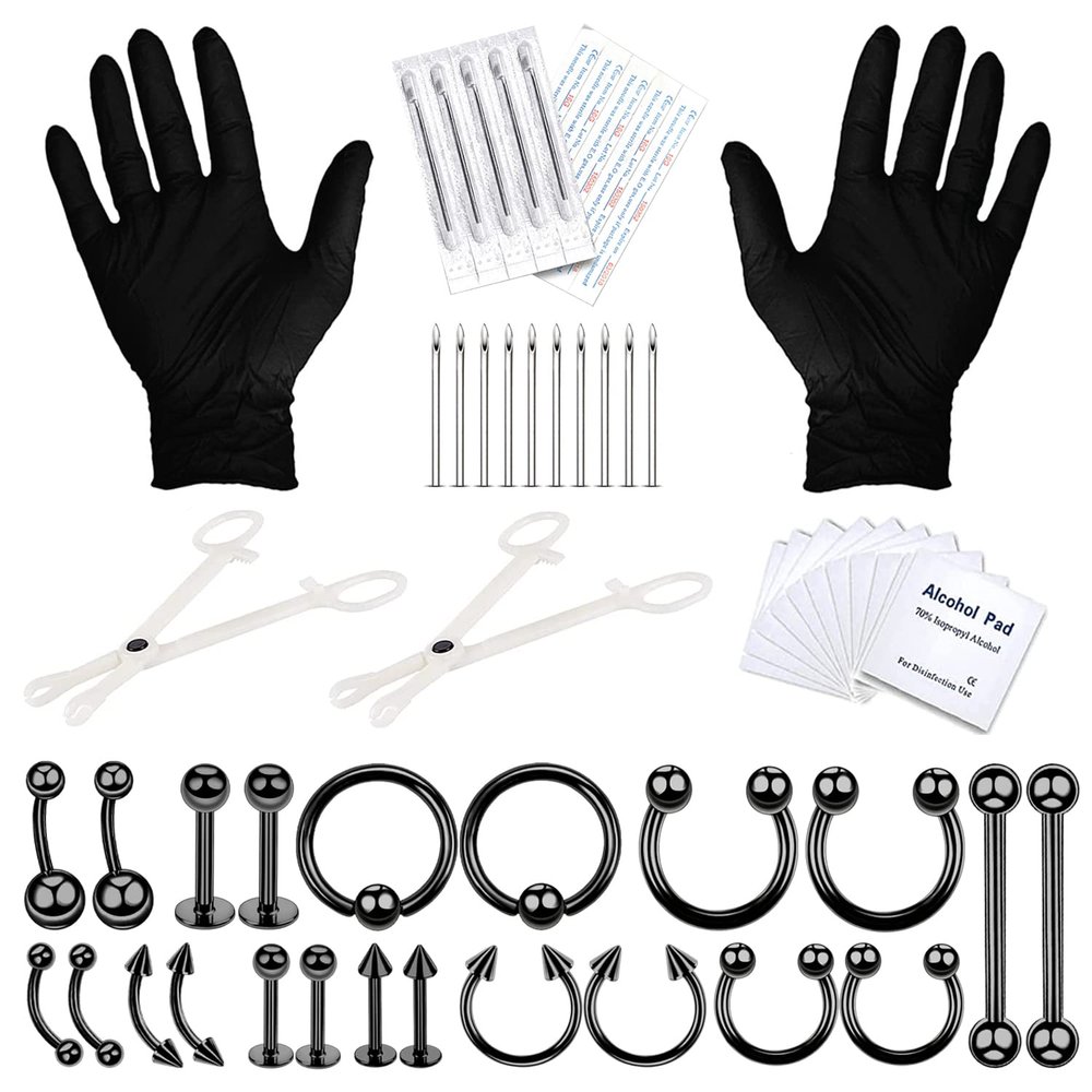 BodyJ4You 36PC PRO Body Piercing Kit - Nose Septum Ear Cartilage Lip Belly Navel Tragus Eyebrow - Black Steel 14G 16G BCR CBR Ring Barbell Spike - Tools Needles Gloves Clamps
