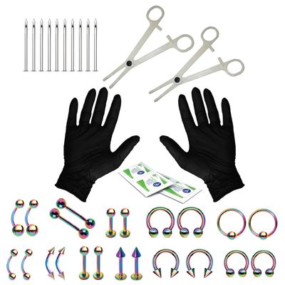 BodyJ4You 36PC PRO Body Piercing Kit - Nose Septum Ear Cartilage Lip Belly Navel Tragus Eyebrow - Rainbow Steel 14G 16G BCR CBR Ring Barbell Spike - Tools Needles Gloves Clamps