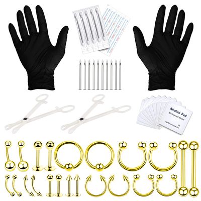 BodyJ4You 36PC PRO Body Piercing Kit - Nose Septum Ear Cartilage Lip Belly Navel Tragus Eyebrow - Goldtone Steel 14G 16G BCR CBR Ring Barbell Spike - Tools Needles Gloves Clamps