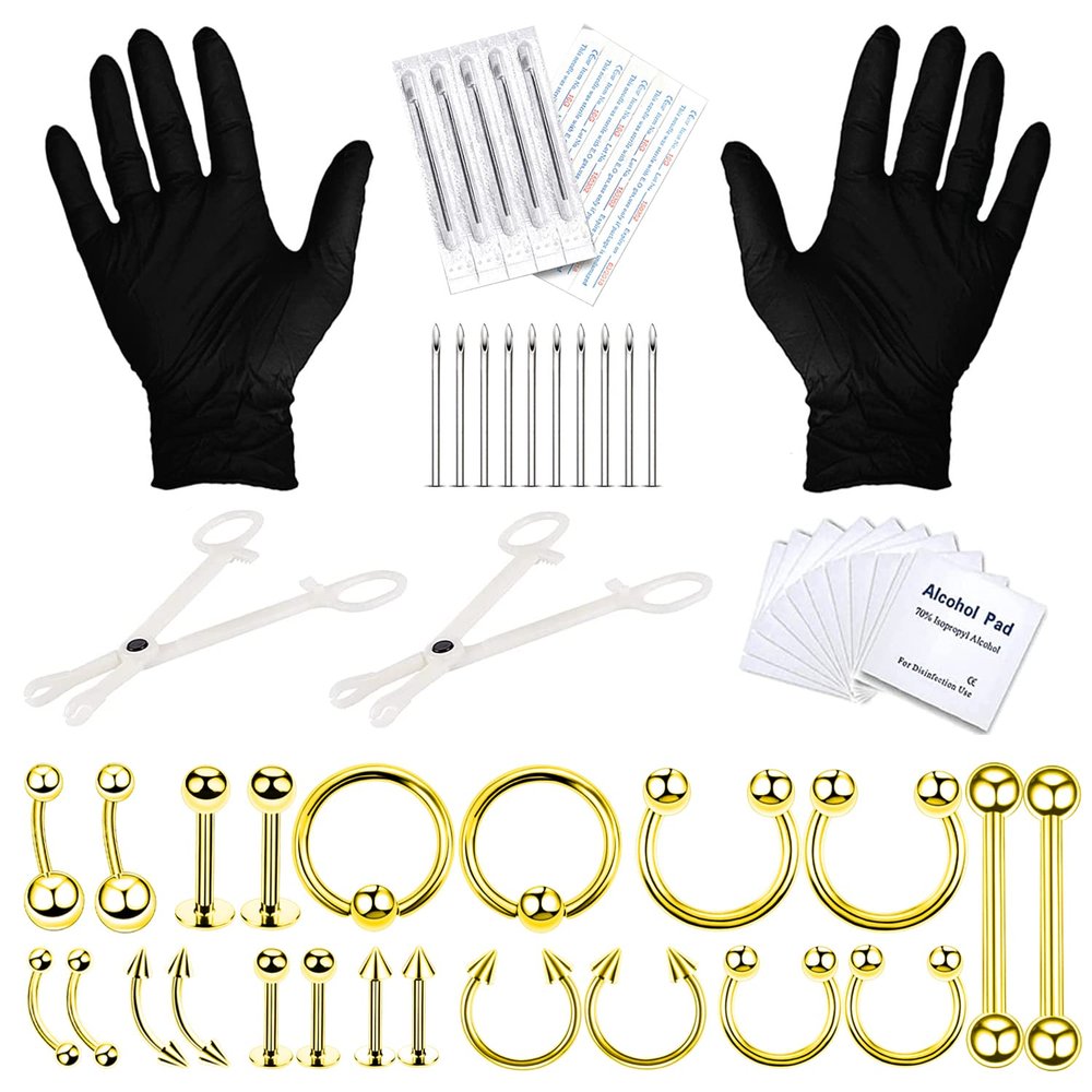 BodyJ4You 36PC PRO Body Piercing Kit - Nose Septum Ear Cartilage Lip Belly Navel Tragus Eyebrow - Goldtone Steel 14G 16G BCR CBR Ring Barbell Spike - Tools Needles Gloves Clamps