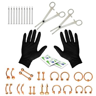BodyJ4You 36PC PRO Body Piercing Kit - Nose Septum Ear Cartilage Lip Belly Navel Tragus Eyebrow - Rose Goldtone Steel 14G 16G BCR CBR Ring Barbell Spike - Tools Needles Gloves Clamps