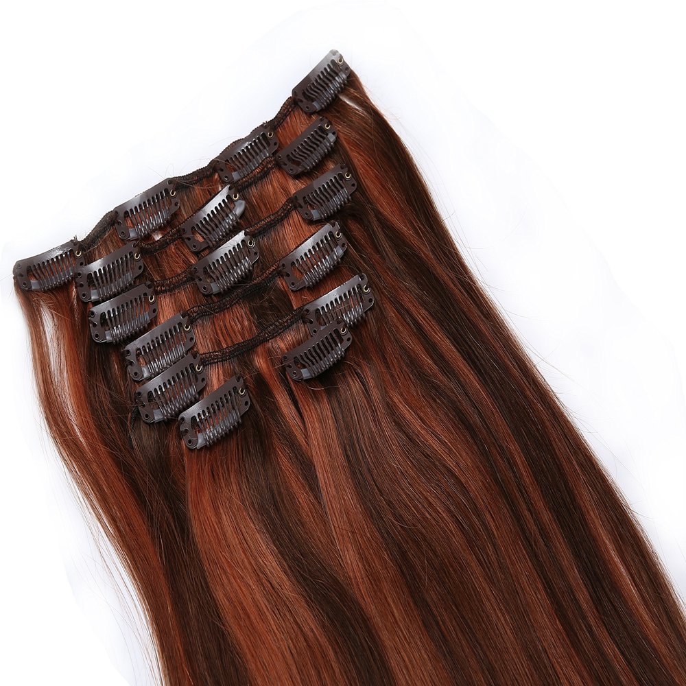 Simpleyourstyle 22inch 80g 7pcs 1 set Clip in Straight Remy 100% Human Hair Extensions Clip in Medium Brown/Red Auburn #4/30
