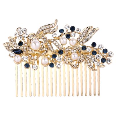 EVER FAITH Wedding Comb Rhinestone Pearl Bridal Accessories Flower Hair Piece for Bride Bridesmaids Blue Gold-Tone