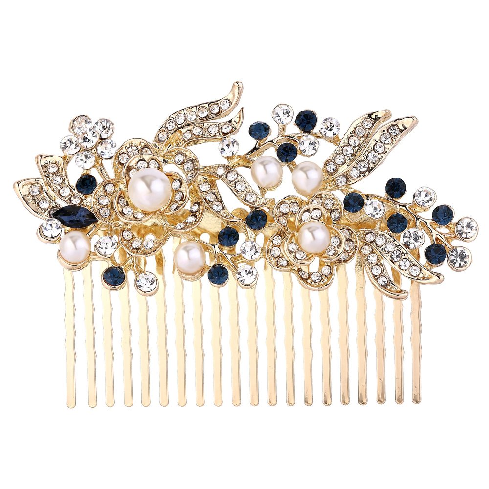 EVER FAITH Wedding Comb Rhinestone Pearl Bridal Accessories Flower Hair Piece for Bride Bridesmaids Blue Gold-Tone
