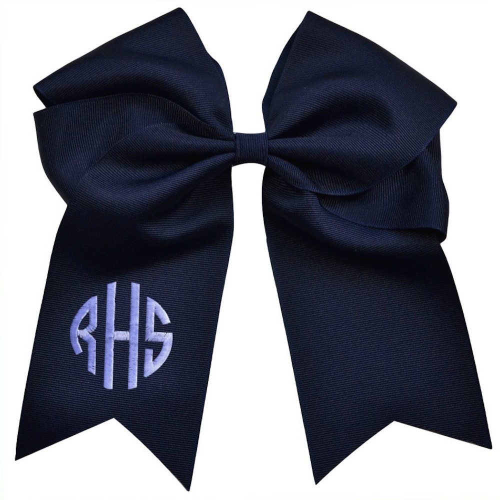 Custom CIRCLE MONOGRAM Embroidered Elastic Ponytail CHEER BOW By Funny Girl Designs - 7.5 Inches Long (KELLY GREEN)
