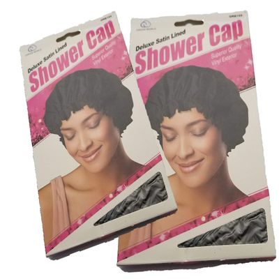 2Pcs Satin Lined Shower Cap Comfortable Elastic Band Bath Caps DRE103 Black