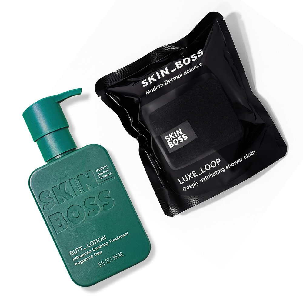 Green Heart Labs SKINBOSS Brilliant Booty Kit | Butt Acne Clearing Lotion & ExfoliMATE Magic Body Exfoliating Cloth for Soft & Young Skin (BLACK)