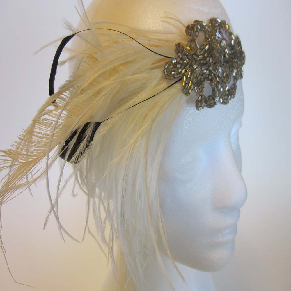 1920s Great Gatsby Platinum Silver Beaded Ostrich Feathered Headband