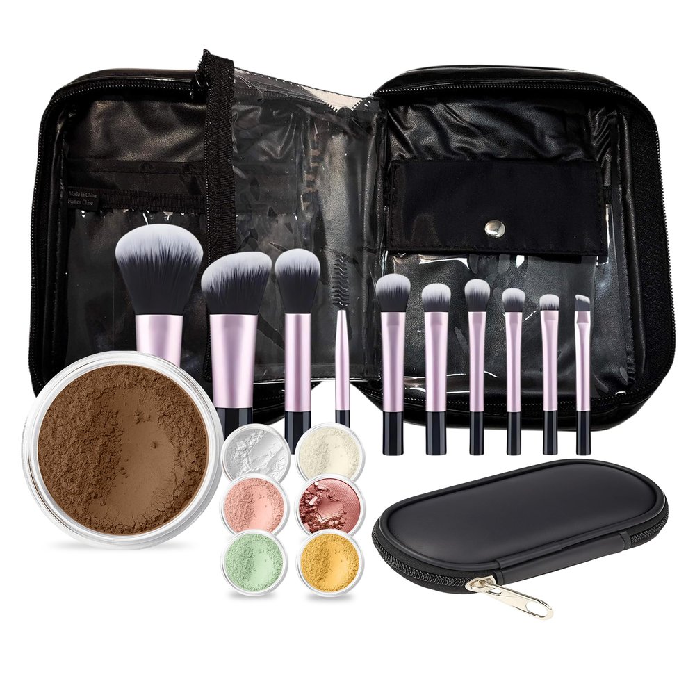 19 pc STARTER KIT w/BRUSHES & CASE (EBONY) Mineral Makeup Foundation Blush Bronzer Illuminating Veil Set Bare Skin Matte Powder