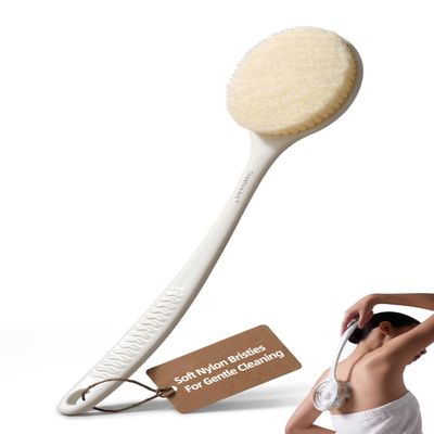 Soft Bristles Shower Brush for Body, Long Handle Back Brush for Women White